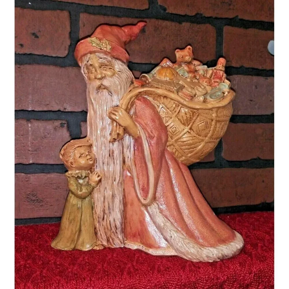 Vintage Antique Santa Figure w Child & Bag of Toys Ceramic Neutral colors RARE